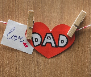 Dzień Ojca, Love Dad, Serduszko, Deski, Napis, Kartka, Sznurek, Klamerki, Biała
