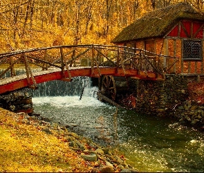 Jesień, Rzeka, Mostek, Las, Młyn