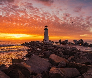 Chmury, Kamienie, Morze, Stany Zjednoczone, Santa Cruz, Latarnia morska Walton Lighthouse, Stan Kalifornia, Zachód słońca
