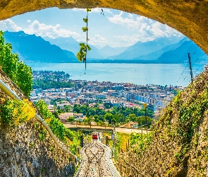 Jezioro Genewskie, Alpy, Kanton Vaud, Domy, Góry, Szwajcaria, Vevey