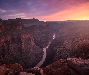 Stany Zjednoczone, Zachód słońca, Wielki Kanion Kolorado, Park Narodowy Wielkiego Kanionu, Grand Canyon, Rzeka Kolorado