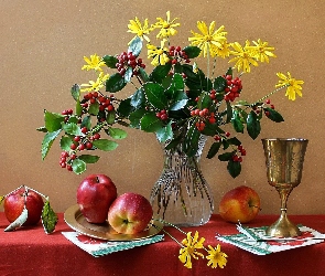 Bukiet, Puchar, Kwiaty, Jabłka, Żółte