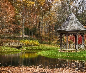 Mostek, Staw, Drzewa, Jesień, Altana, Park, Liście
