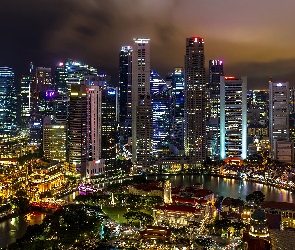 Singapur, Rzeka, Noc, Drapacze chmur, Most
