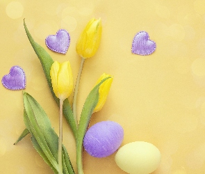 Serca, Tulipany, Pisanki, Wielkanoc, Kwiaty, Żółte