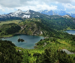 Jeziora, Lasy, Drzewa, Wyspa, Góry