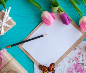 Tulipany, Kolorowy, Ołówek Kwiaty, Notes, Prezenty, Opakowane, Papier, Pudełka, Motylek