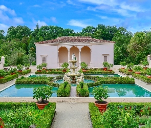 Fontanna, Budynek, Hamilton, Kwiaty, Hamilton Gardens, Nowa Zelandia, Ogród