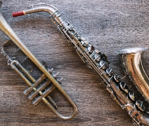 Instrumenty, Drewno, Trąbka, Saksofon