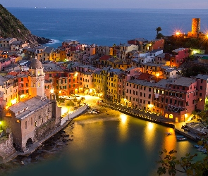 Vernazza, Noc, Oświetlenie, Domy, Włochy