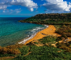 Wzgórza, Plaża Ramla Beach, Morze, Ramla Bay, Wyspa Gozo, Zatoka, Malta, Plaża Czerwonego Piasku