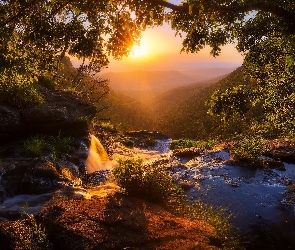 Góry, McPherson Range, Australia, Toolona Creek, Wzgórza, Roślinność, Queensland, Drzewa, Zachód słońca, Park Narodowy Lamington, Rzeka