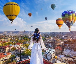 Dziewczyna, Turcja, Balkon, Kapadocja, Balony