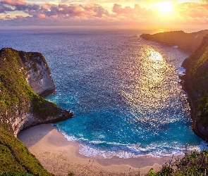 Kelingking Beach, Plaża, Indonezja, Morze, Wybrzeże, Zachód słońca, Skały, Bali, Wyspa, Nusa Penida, Zatoka