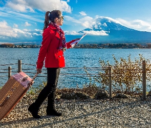 Ogrodzenie, Góra Fudżi, Kobieta, Czerwony, Jezioro, Japonia, Turystka, Lake Kawaguchi, Płaszcz, Bagaż, Mapa