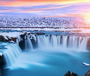 Islandia, Zima, Wodospad, Godafoss