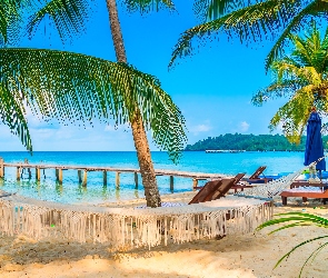 Pomost, Hamak, Plaża, Morze, Palmy, Leżaki