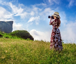 Kobieta, Chiangrai, Góry, Tajlandia, Phi Pan Nam Range, Trawa, Sukienka, Aparat, Skały