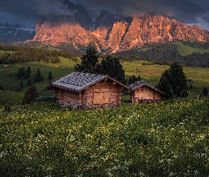 Dolomity, Domy, Chmury, Włochy, Drewniane, Drzewa, Góry Sassolungo, Płaskowyż Seiser Alm, Dolina Val Gardena