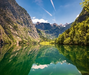 Bawaria, Park Narodowy Berchtesgaden, Jezioro Obersee, Niemcy, Odbicie, Góry, Drzewa