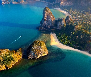 Wyspa Phangan, Morze Andamańskie, Tajlandia, Prowincja Krabi, Skały, Drzewa, Plaże