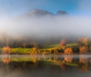 Jezioro, Jesień, Nowa Zelandia, Góry, Mgła, Tutira, Waikopiro Lake