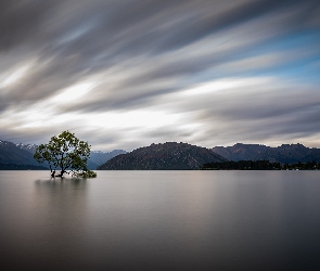 Góry, Jezioro, Nowa Zelandia, Drzewo, Chmury, Lake Wanaka