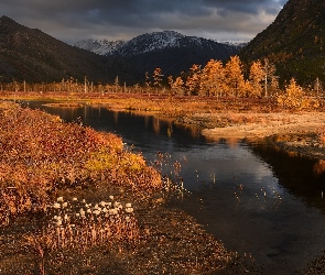 Jesień, Magadan, Roślinność, Rosja, Kołyma, Chmury, Góry, Jezioro, Jack London