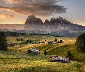 Drzewa, Chmury, Dolomity, Dolina, Drewniane, Włochy, Góry, Domy, Val Gardena, Sassolungo, Płaskowyż Seiser Alm