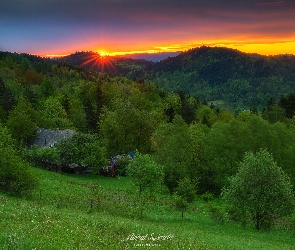 Wschód słońca, Zawoja, Góry, Polska, Beskidy, Domy, Drzewa, Wzgórza, Las