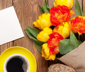 Kawa, Filiżanka, Tulipany, Papier, Kwiaty