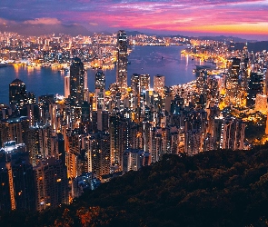 Wschód słońca, Hongkong, Chiny, Wieżowce, Zatoka Wiktorii, Port Wiktorii, Oświetlone