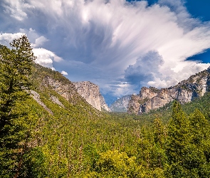 Stany Zjednoczone, Park Narodowy Yosemite, Yosemite Valley, Kalifornia, Las, Drzewa, Niebo, Chmury, Góry, Dolina