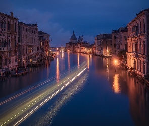 Kanał, Canal Grande, Włochy, Oświetlone, Domy, Wenecja, Noc