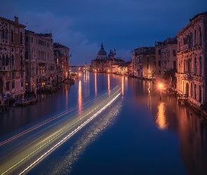 Wenecja, Domy, Kanał, Włochy, Oświetlone, Canal Grande, Noc