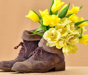 Żółte, Buty, Zamszowe, Tulipany, Kwiaty
