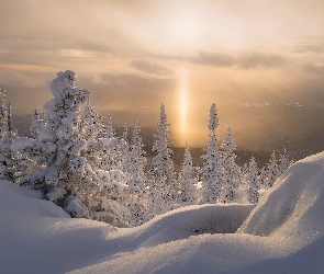 Zima, Wschód słońca, Góry, Chmury, Drzewa