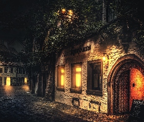 Światła, Noc, Fryburg Bryzgowijski, Niemcy, Uliczka, Domy