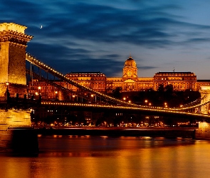 Noc, Parlament, Budapeszt, Światła, Most Łańcuchowy, Węgry, Rzeka Dunaj