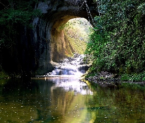 Rzeka, Wodospad, Kameiwa Cave, Jaskinia, Japonia, Park Shimizu Keiryu, Nomizo Falls, Chiba, Drzewa