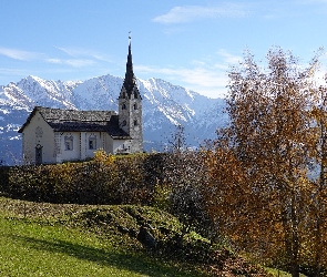 Szwajcaria, Kanton Gryzonia, Góry, Drzewo, Alpy, Kościół