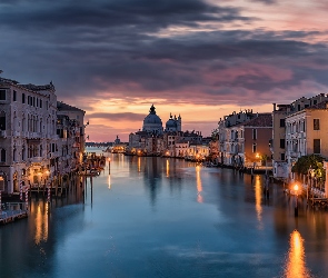 Chmury, Canal Grande, Kanał, Światła, Katedra, Wenecja, Bazylika św. Marka, Domy, Włochy, Latarnie