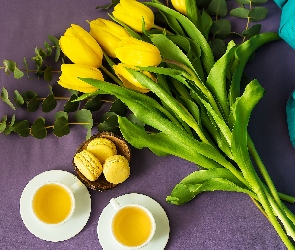 Kwiaty, Zielony, Herbata, Materiał, Filiżanki, Makaroniki, Żółte, Tulipany, Ciasteczka