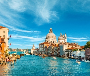 Wenecja, Niebo, Bazylika, Włochy, Santa Maria della Salute, Kościół, Canal Grande, Łodzie, Domy