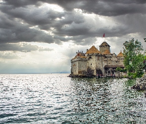 Jezioro Genewskie, Chateau Chillon, Zamek, Szwajcaria, Chmury, Ciemne, Kanton Vaud, Skała