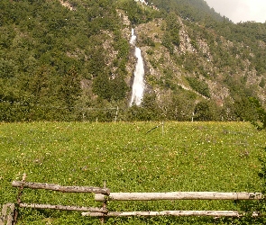 Ogrodzenie, Łąka, Włochy, Wodospad, Partschins Wasserfall, Południowy Tyrol, Góry