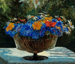 Malarstwo, Stół, Kolorowe, Kwiaty, Olga Aleksandrowna Romanowa