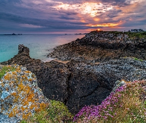 Morze, Bretania, Przylądek, Francja, Pointe de la Varde, Zachód słońca, Wybrzeże, Skały, Roślinność