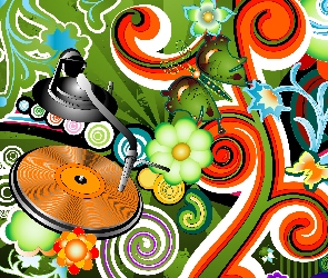 Kolorowe, Motylki, Muzyka, Wzory, Kwiaty, Grafika, Gramofon