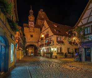 Rothenburg ob der Tauber, Ulica, Miasto, Noc, Bawaria, Domy, Niemcy, Latarnie